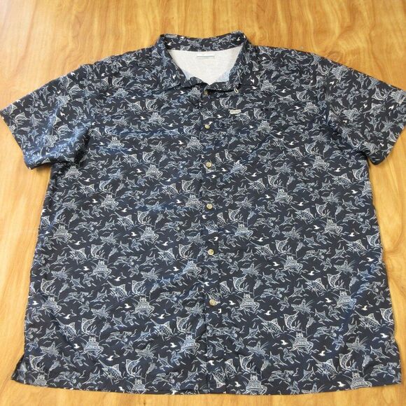 COLUMBIA PFG Super Slack Tide Camp Shirt Mens 3X Navy Blue Marlins Boats AOP 3XL - Picture 1 of 11